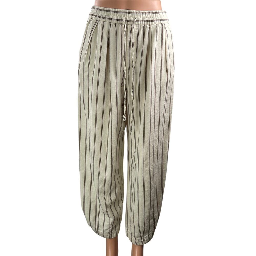 Zara Womens Cream Black Striped Elastic Waist Drawstring Wide Leg Trouser Pant S